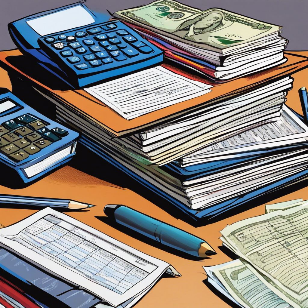 The image showcases a desk with textbooks, a calculator, money, and budgeting spreadsheets, highlighting the importance of education and financial planning.