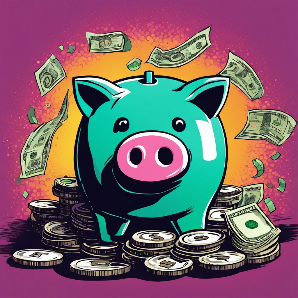 A colorful piggy bank surrounded by money.
