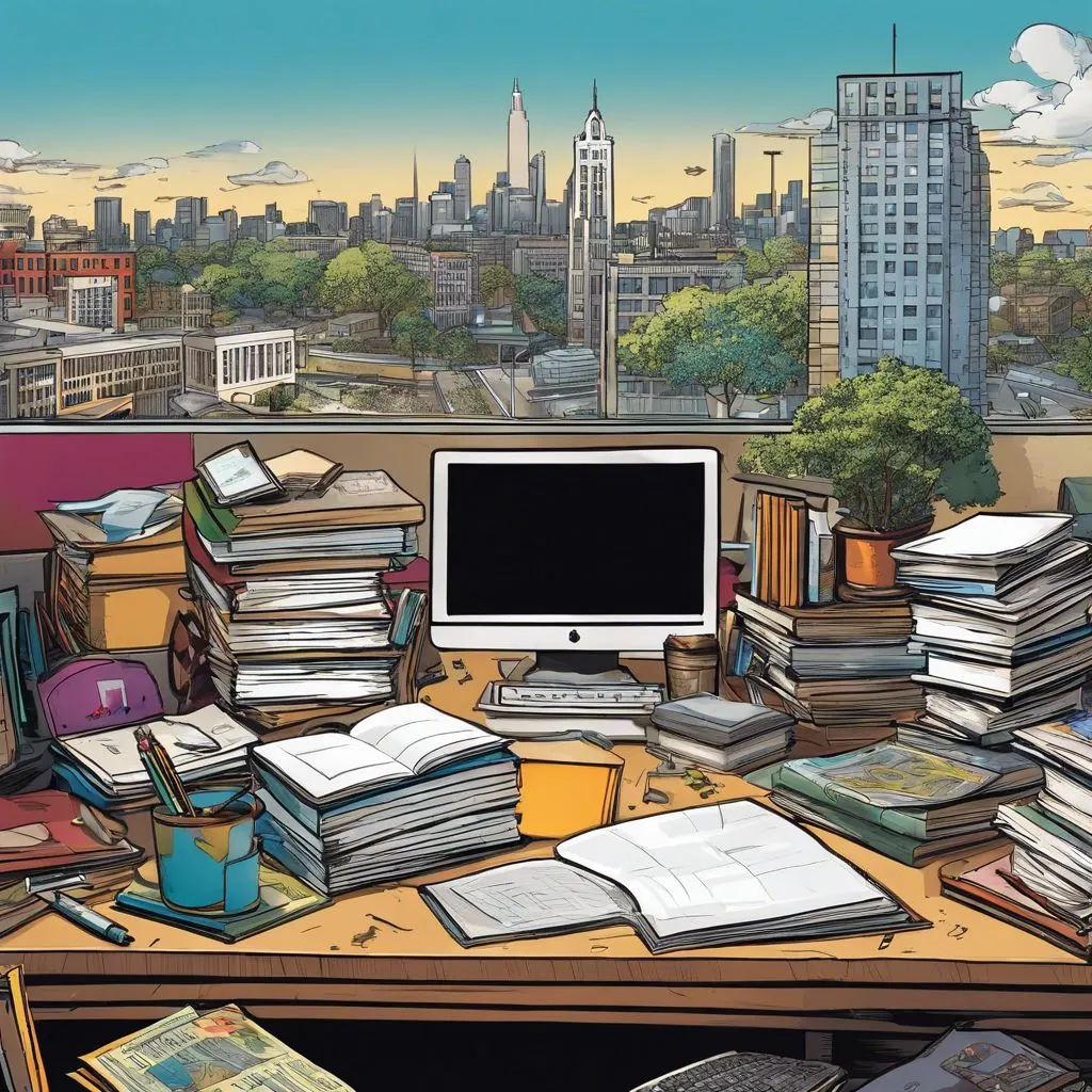 A cluttered student desk overlooking a bustling college campus and urban skyline.