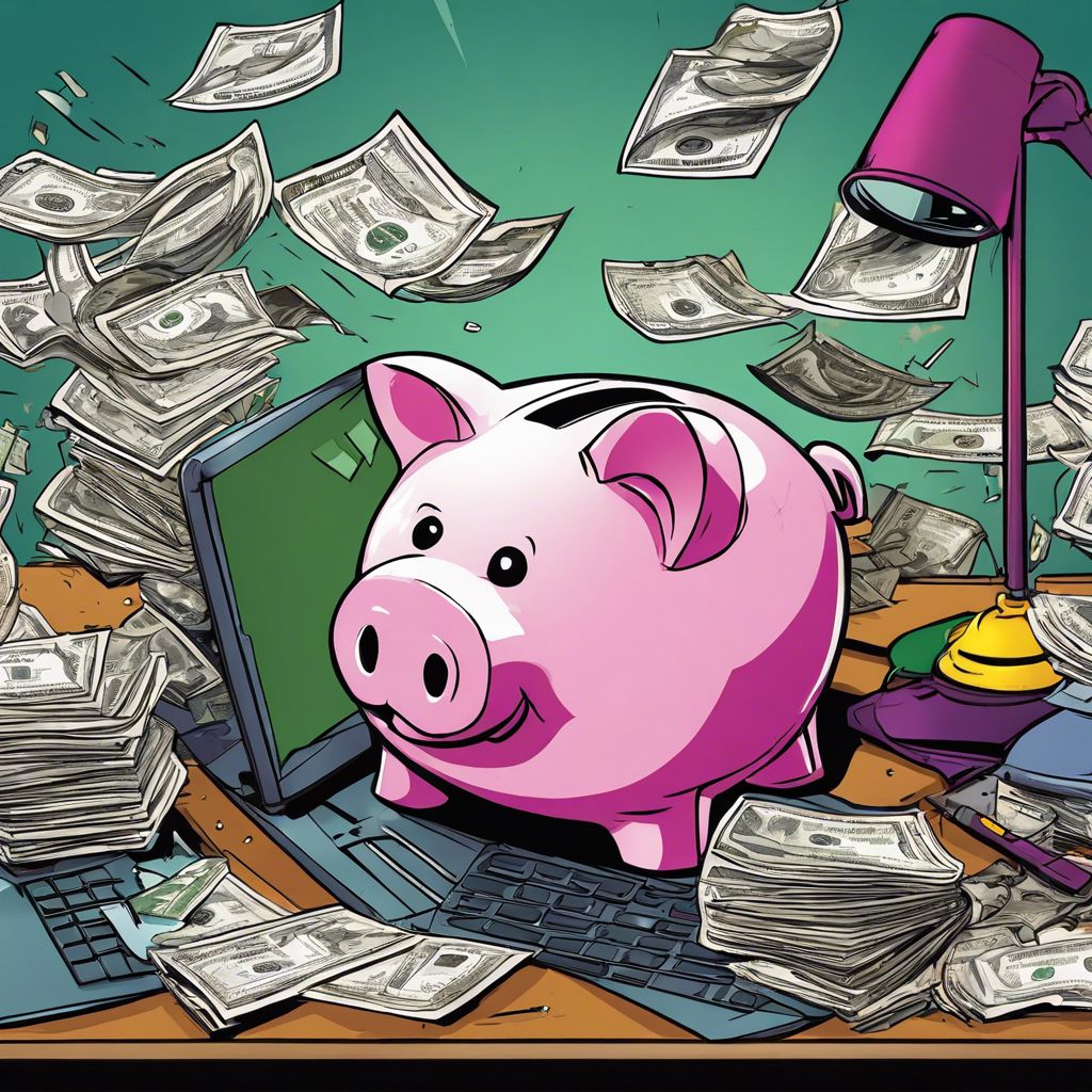 An old piggy bank surrounded by scattered bills and a laptop on a cluttered desk symbolizes financial stress and chaos.