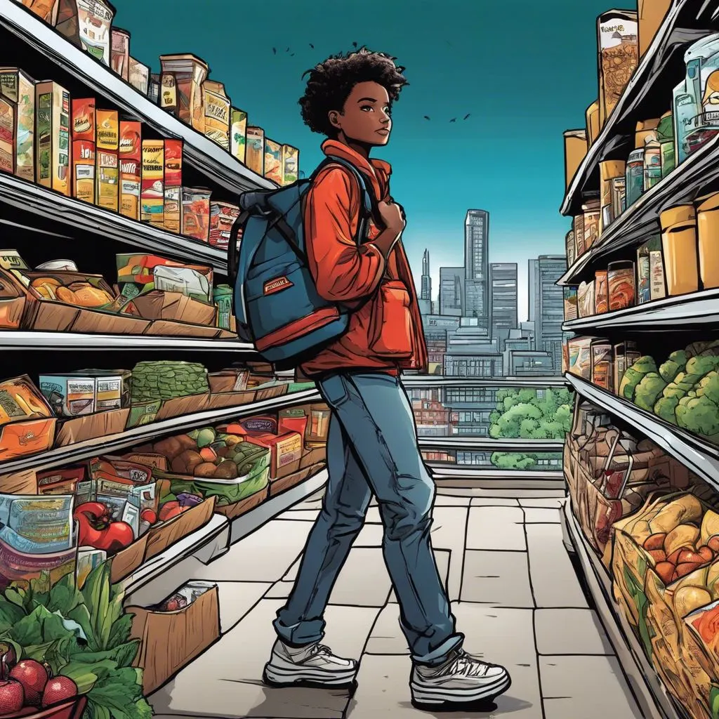 A determined student carrying heavy groceries in front of a well-stocked pantry.