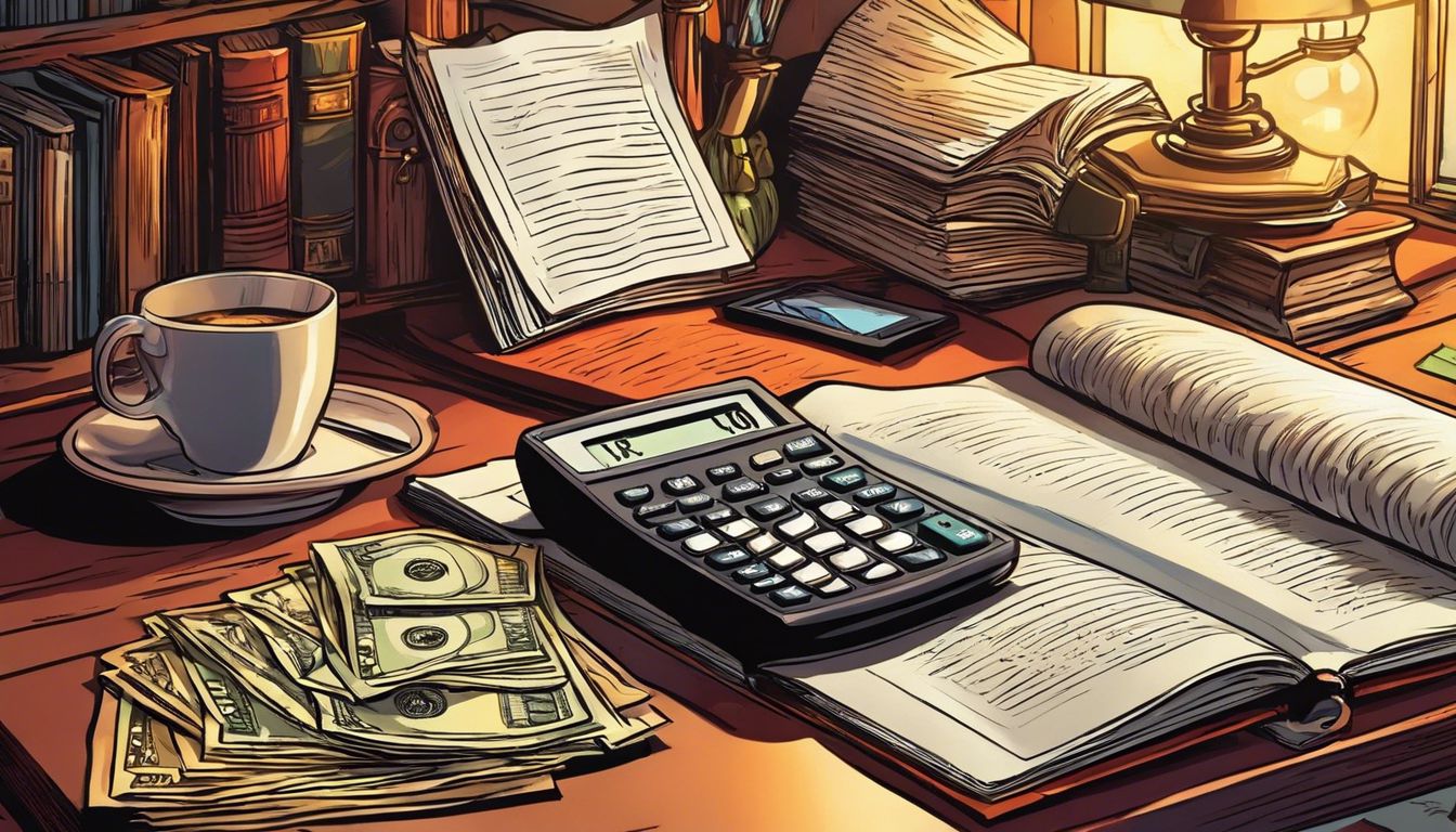 An open book, calculator, and money on a desk.