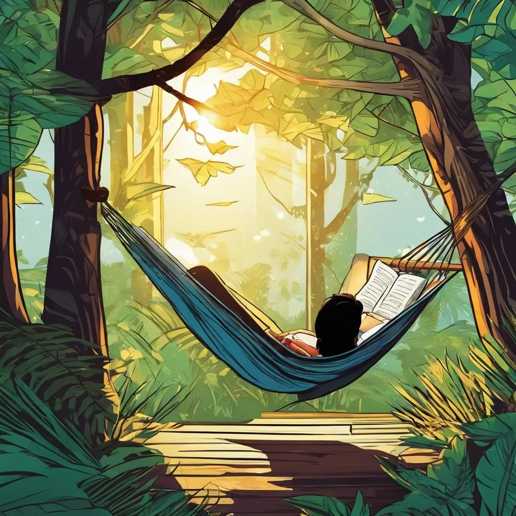A student relaxes in a hammock surrounded by trees and books.