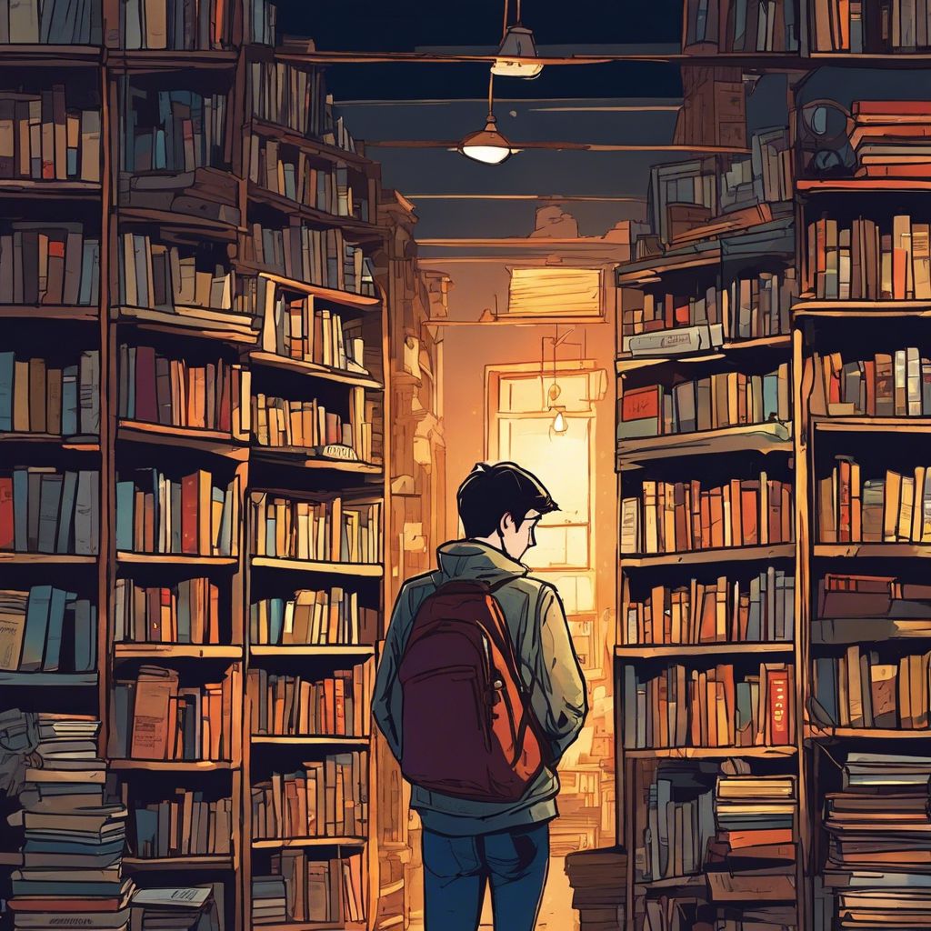 A college student browsing secondhand books in a cozy bookstore.