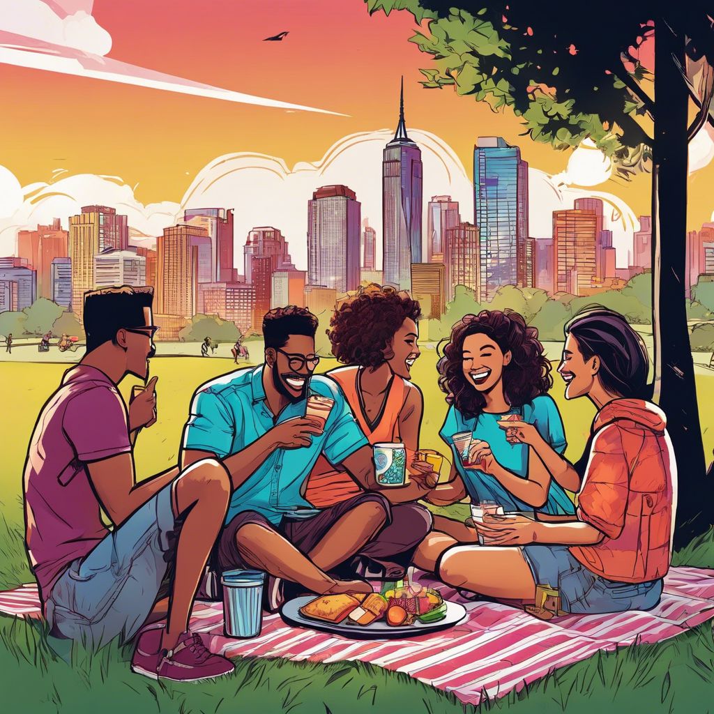 Friends enjoying a picnic in the park with a colorful spread.