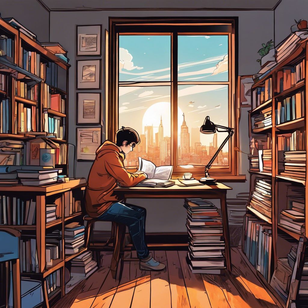 A college student studying in a cozy, organized workspace with a city view.