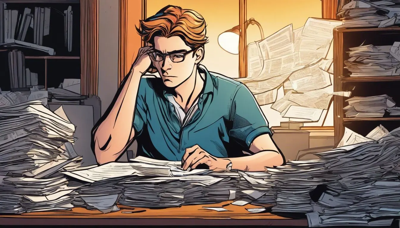 A stressed student surrounded by financial documents and bills.