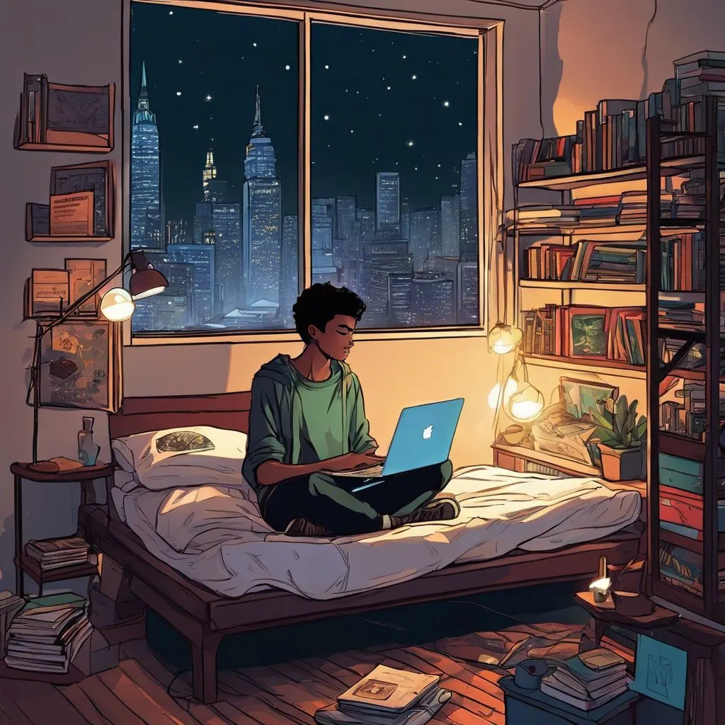 A student studying in a small dorm room with a city view.