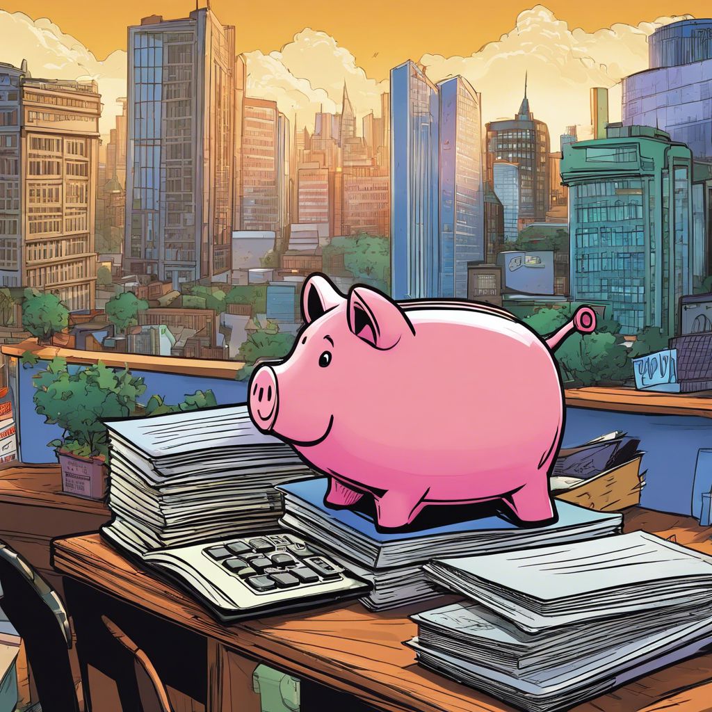 A stack of college textbooks, a calculator, and a piggy bank on a desk in a vibrant urban environment.