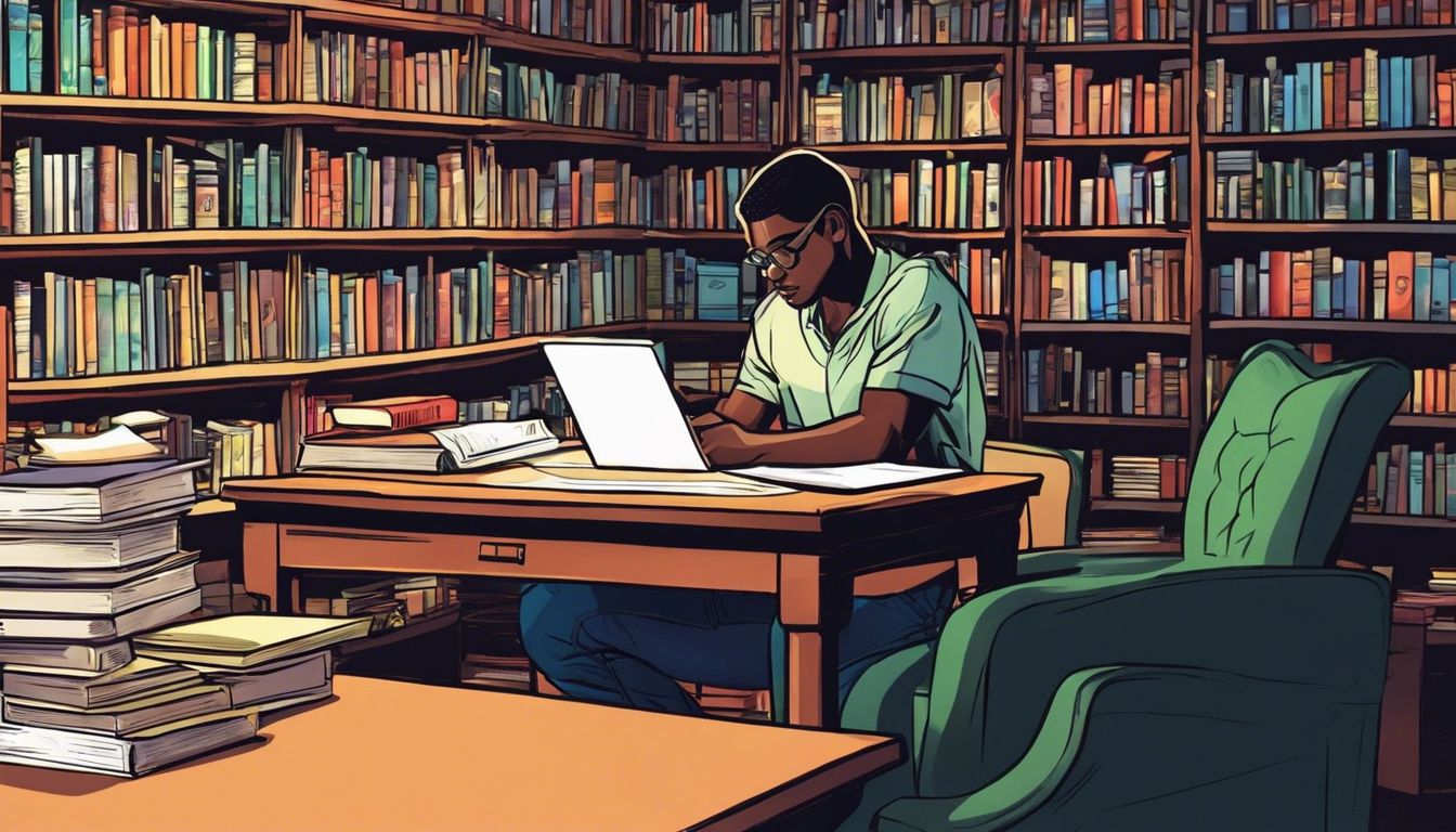 A college student studying diligently in a peaceful library environment.