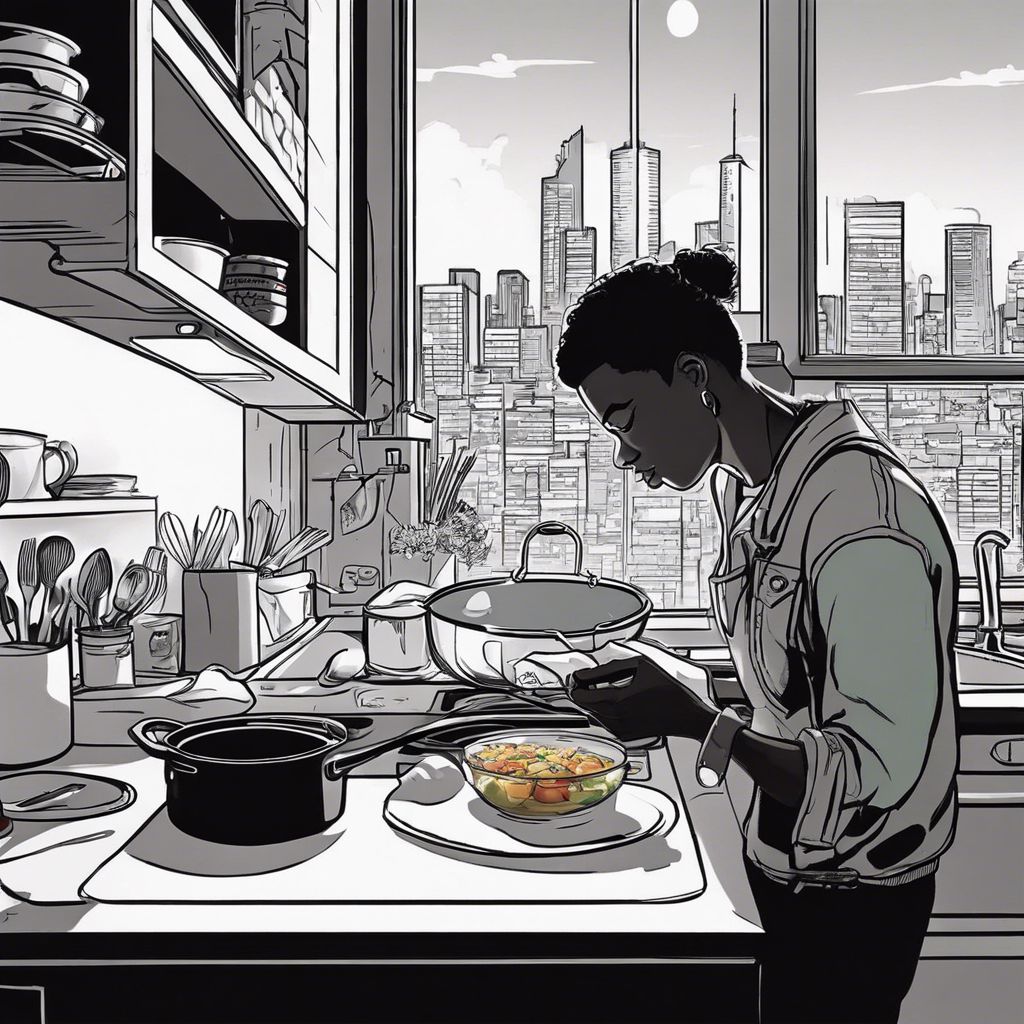 A college student cooking in a small kitchen with city view.