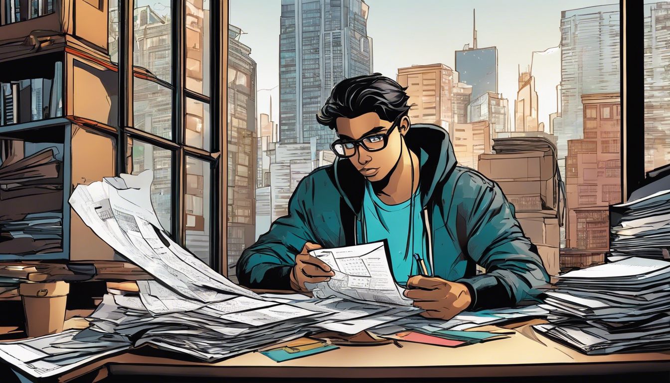 A stressed student in a city setting surrounded by paperwork and a calculator.