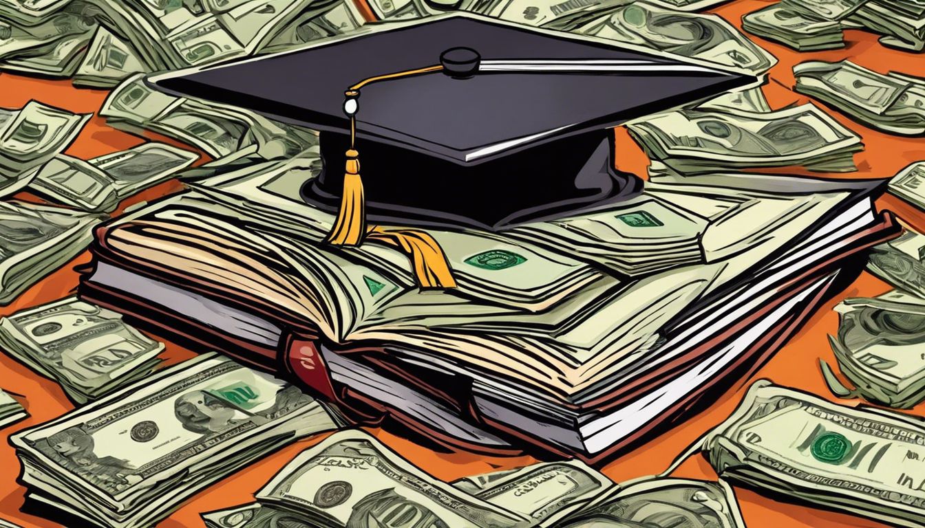 A graduation cap on cash amidst books and a calculator.