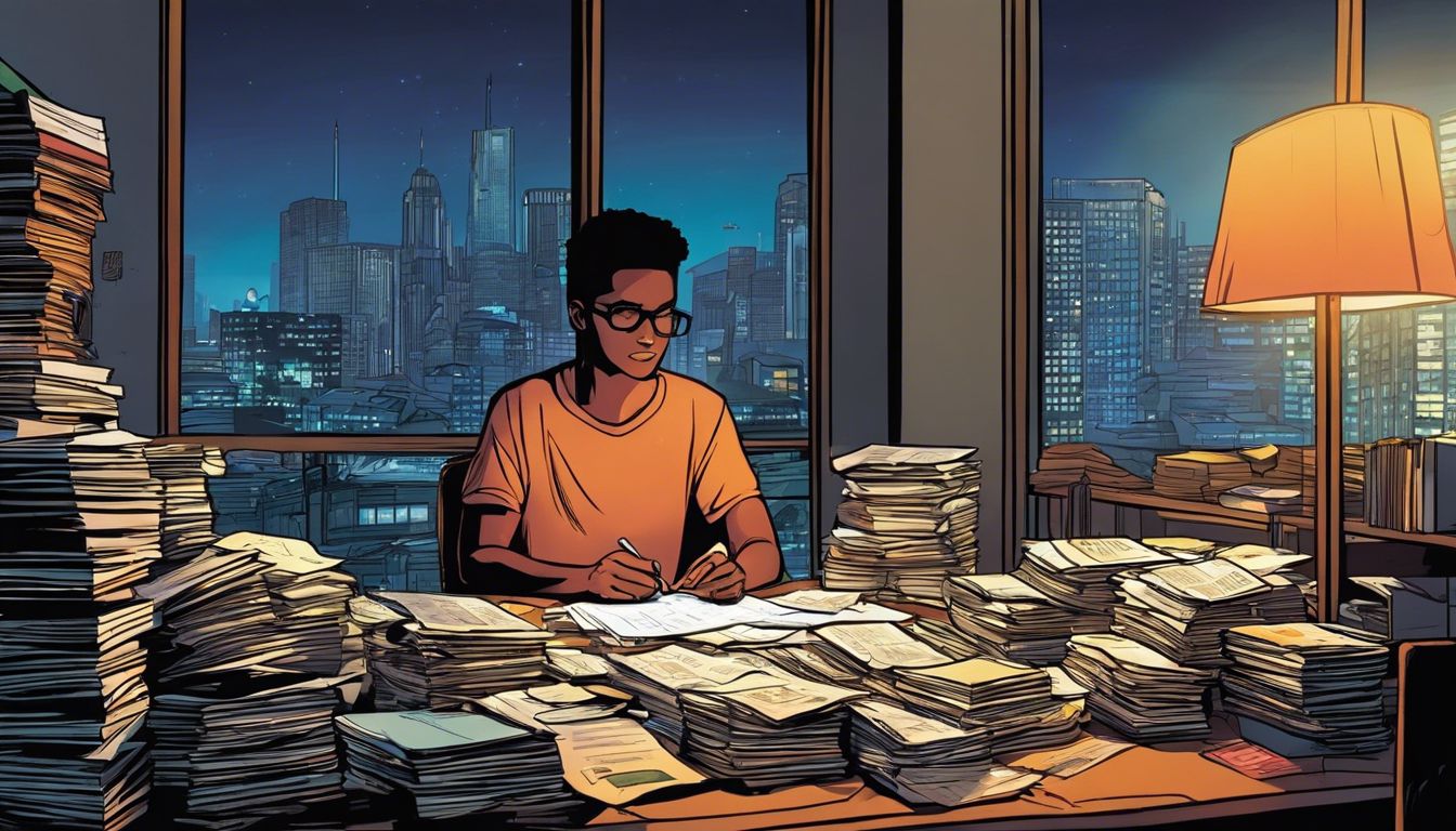 A stressed young adult surrounded by financial documents in a city.