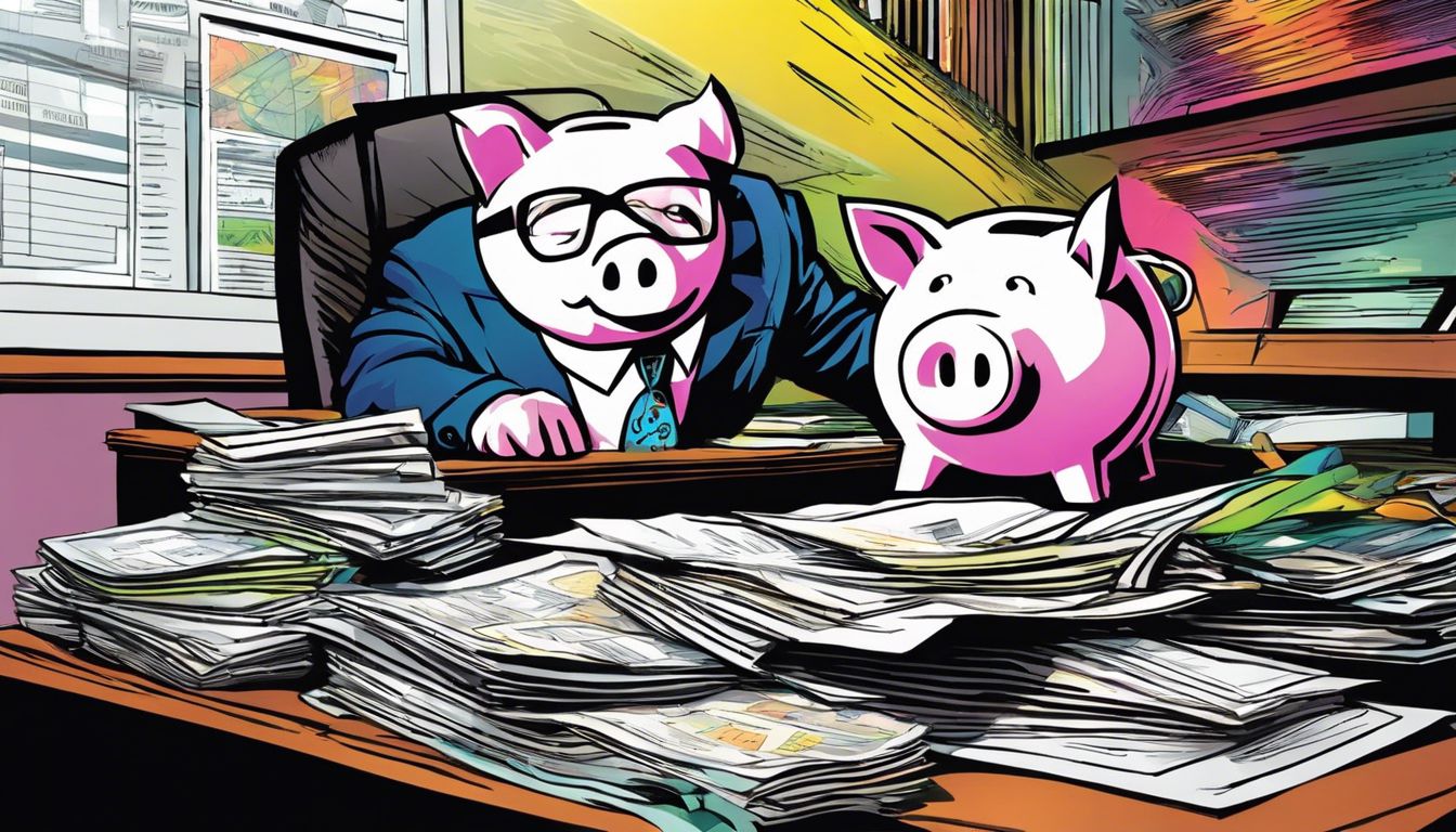 A playful piggy bank surrounded by financial documents in an office.