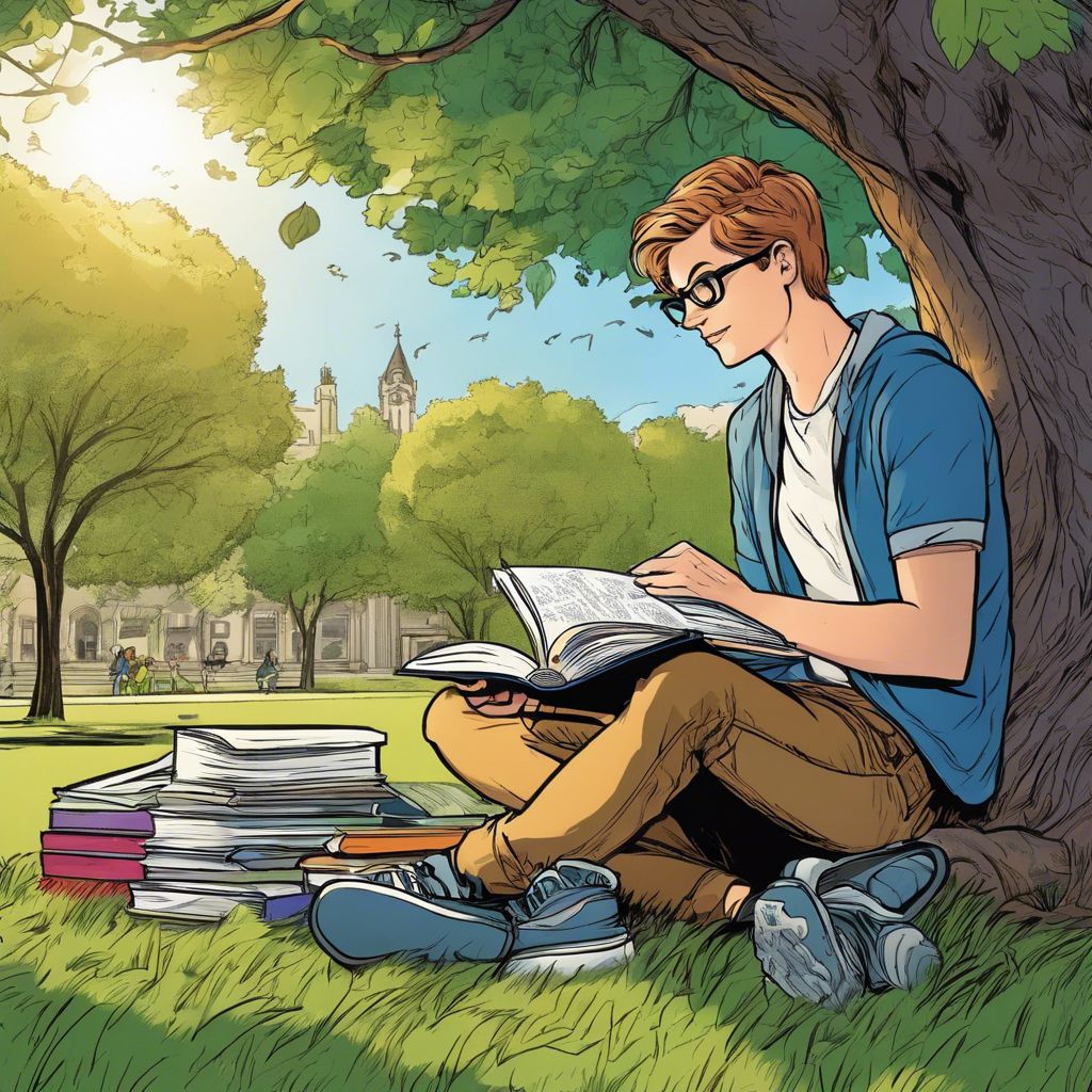 A college student studying in a peaceful park surrounded by books.