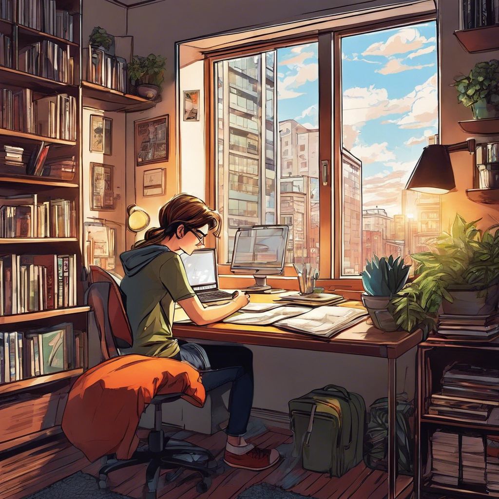 A college student studying in a cozy dorm room with a city view.