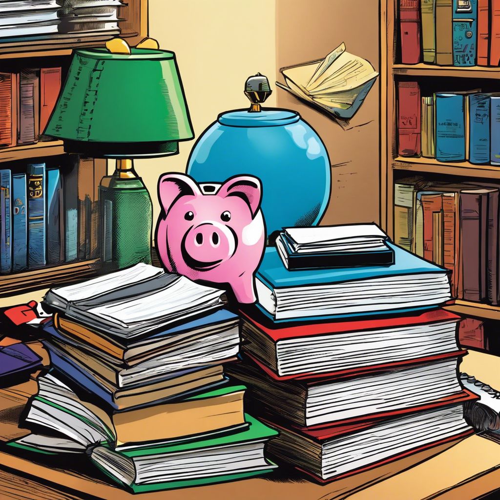 A stack of college textbooks, piggy bank, and calculator on a desk.