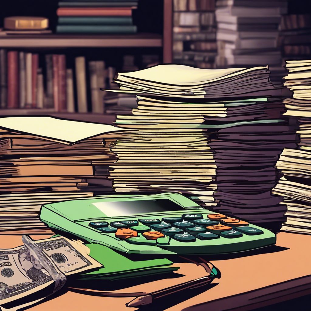 A study desk with textbooks, calculator, and money-saving tips.