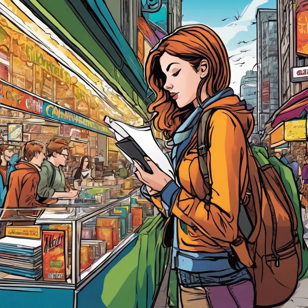 A college student shops in a bustling city, comparing prices and using student discounts.