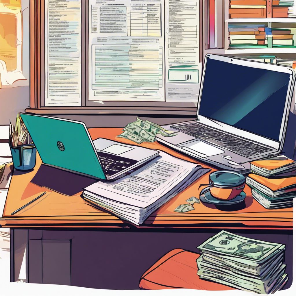 A well-organized desk with budgeting spreadsheet, college textbooks, and financial tips.
