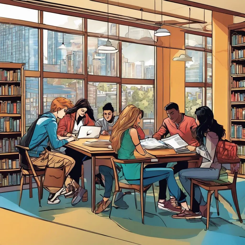College students studying together in a campus library with city view.