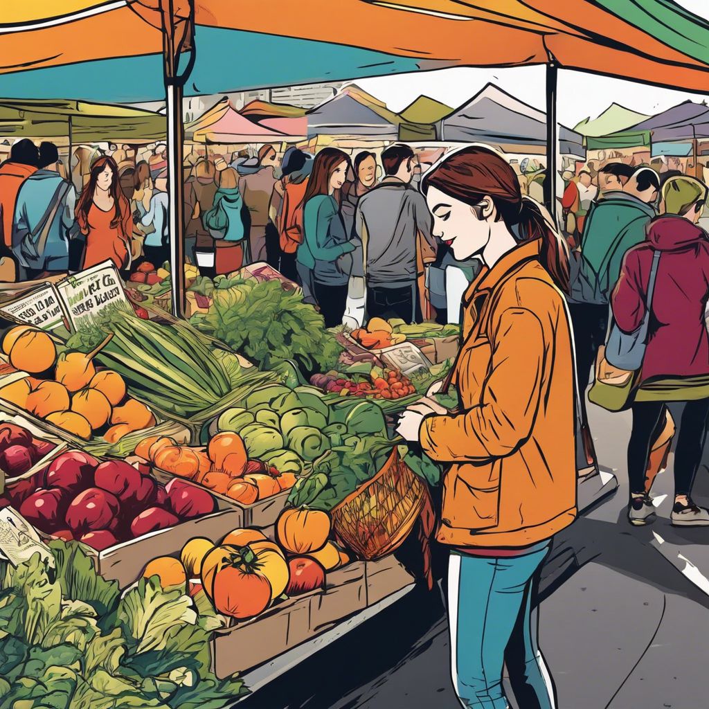 A college student carefully choosing fresh produce at a busy farmers market.