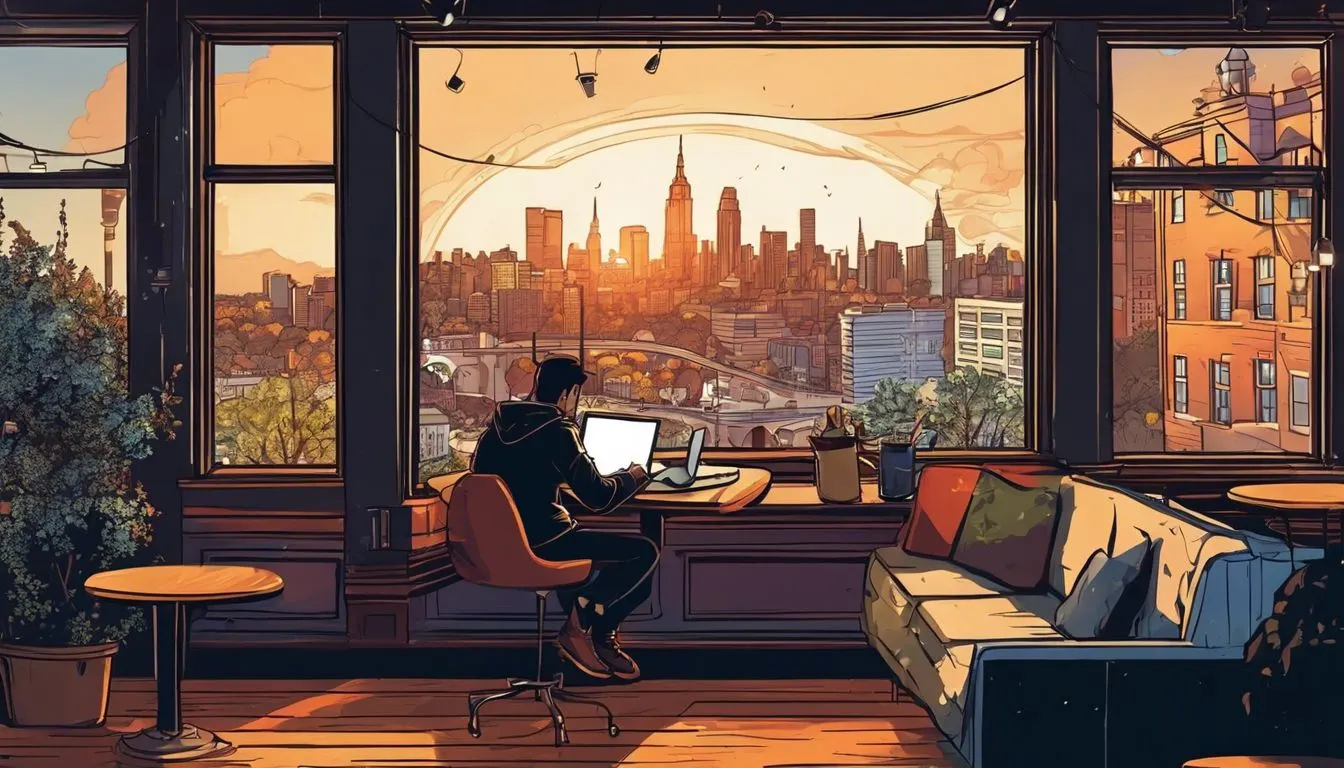 A college student studying at a cozy coffee shop with a city view.