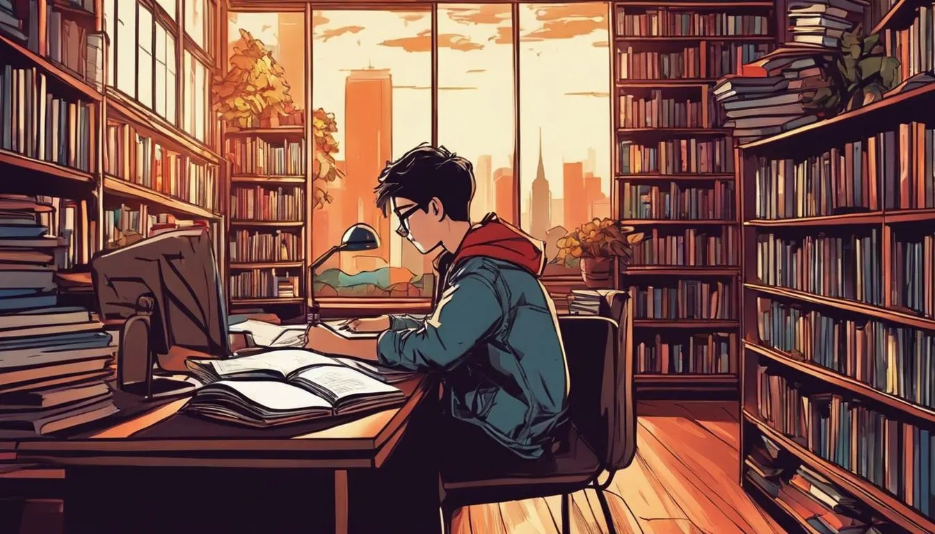 A student studying in a cozy campus library surrounded by books.