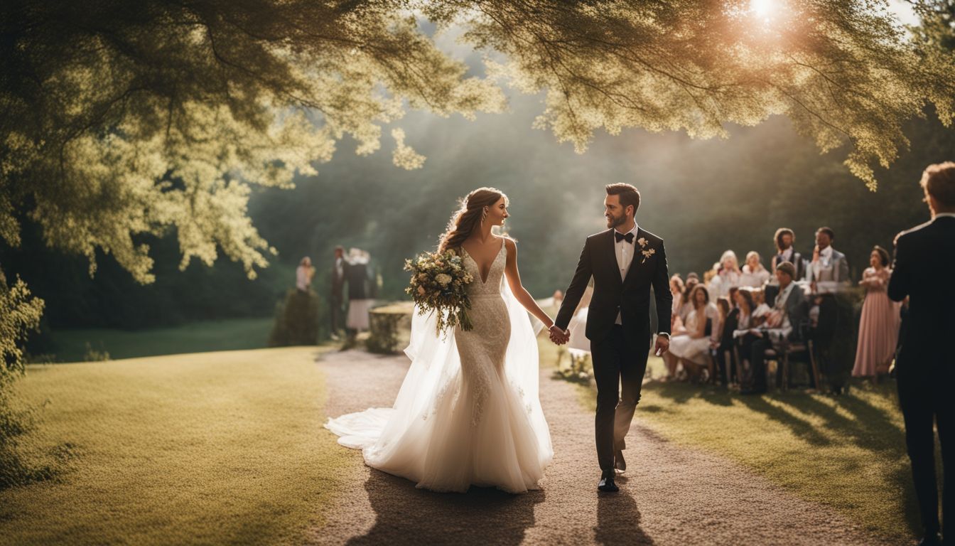 A bride and groom walking through a beautiful outdoor wedding venue.