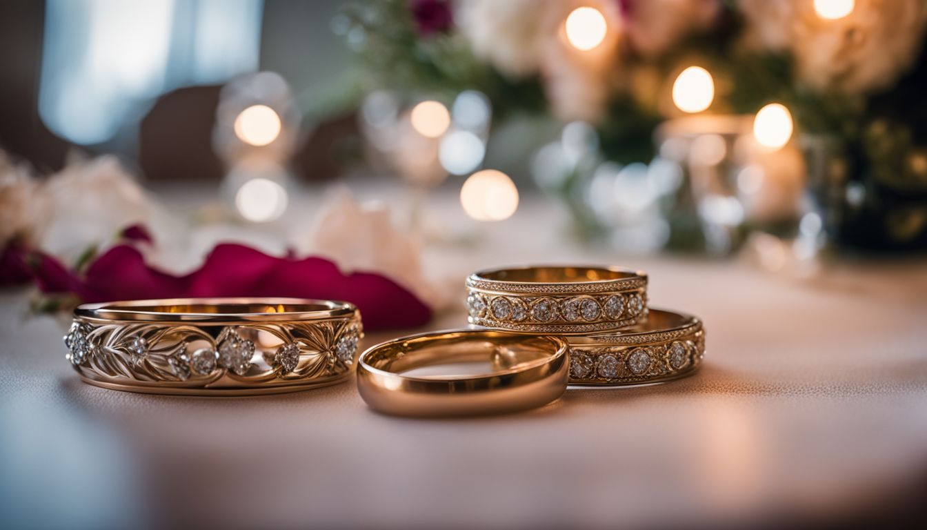 'Wedding rings displayed on decorated table with floral arrangements.'