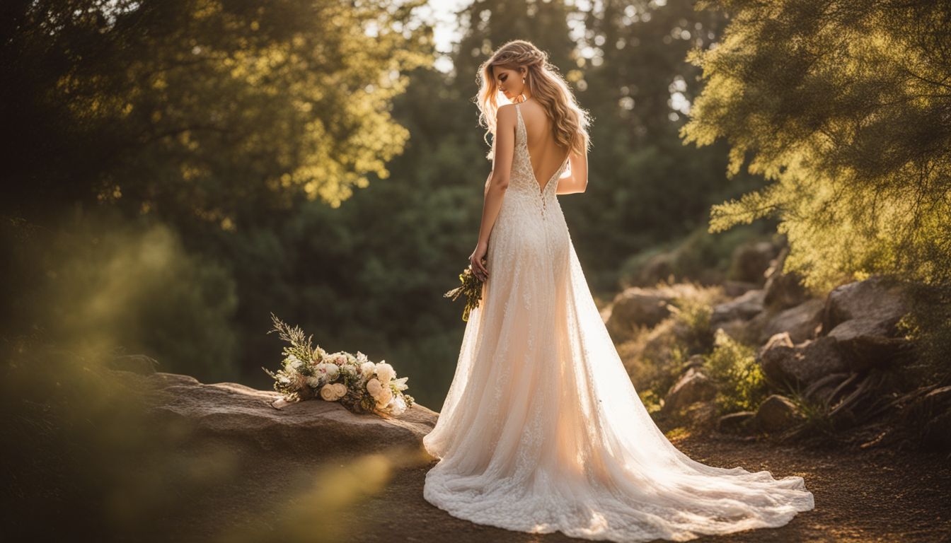 A bride trying on a budget-friendly wedding gown in a bohemian outdoor setting.