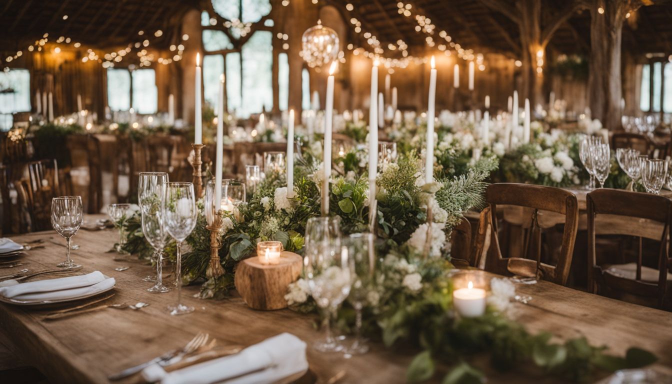 A rustic wedding table set with elegant but affordable decorations.