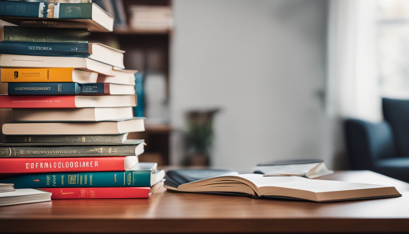 A stack of affordable college textbooks surrounded by money-saving tips.