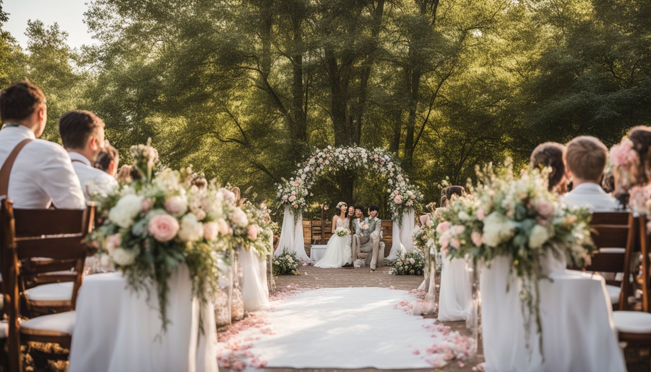 A budget-friendly outdoor wedding venue with DIY decor and bustling atmosphere.