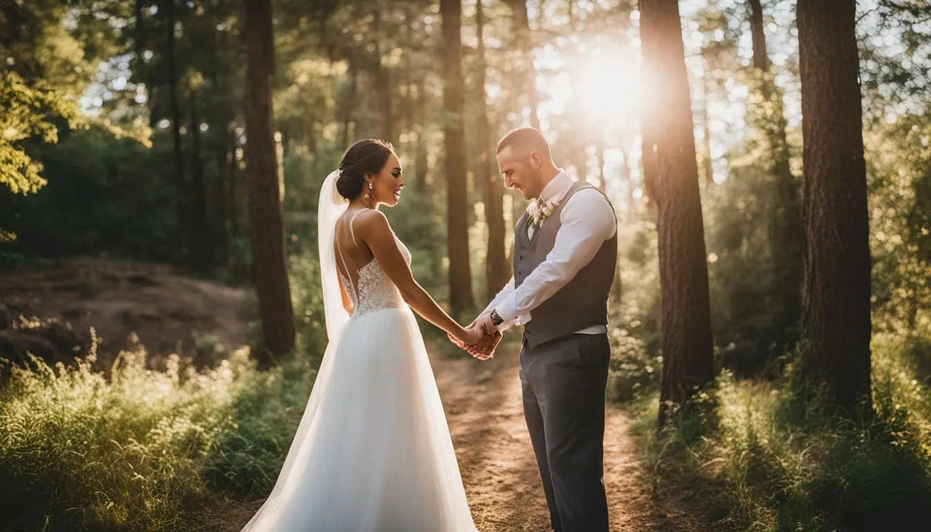 A bride and groom holding hands at a budget-friendly outdoor wedding.
