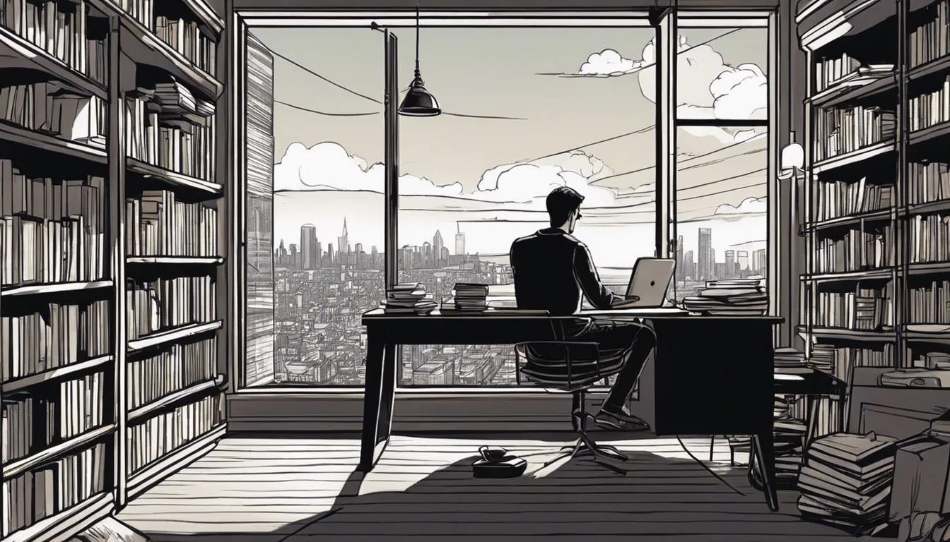 A person working at a laptop in a tranquil home office.