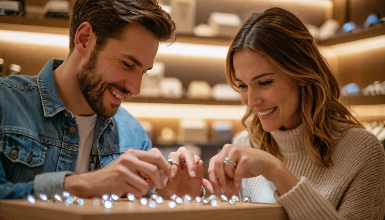 A couple in their 30s happily trying on affordable wedding ring sets at a boutique.