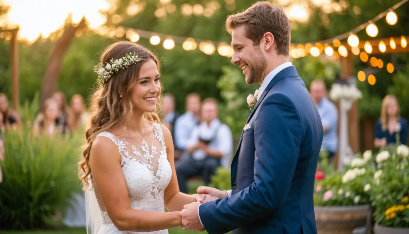 A couple exchanging vows at a beautiful outdoor garden wedding in Illinois.