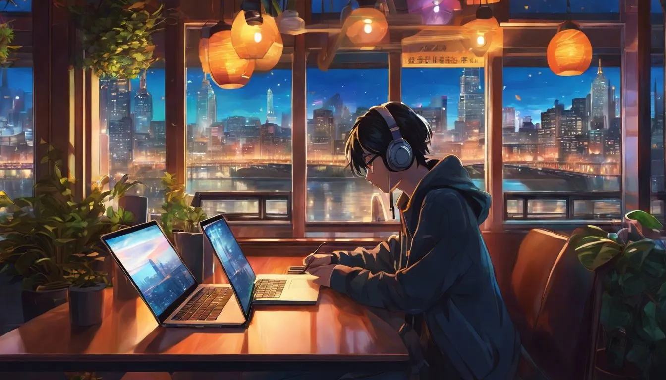 A college student using the Student Beans app in a cozy coffee shop with a bustling cityscape outside.