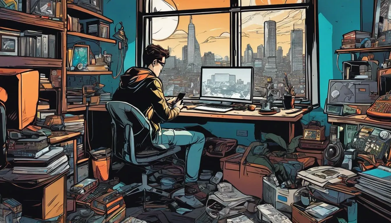 A person surrounded by tech gadgets in a cluttered work environment.