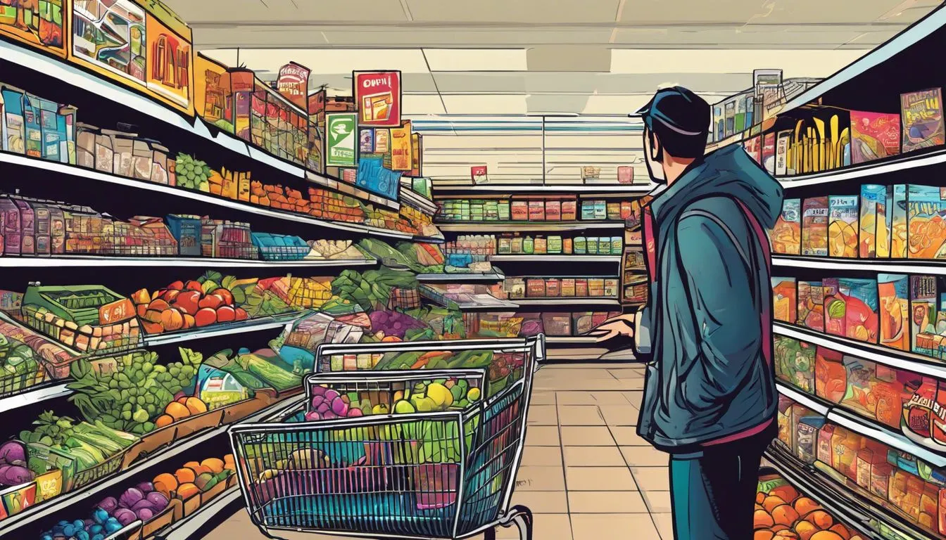 A person compares prices in a busy supermarket aisle.