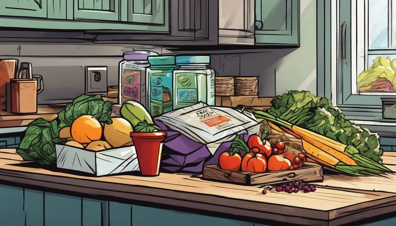 Fresh groceries organized on kitchen counter with reusable shopping bags.