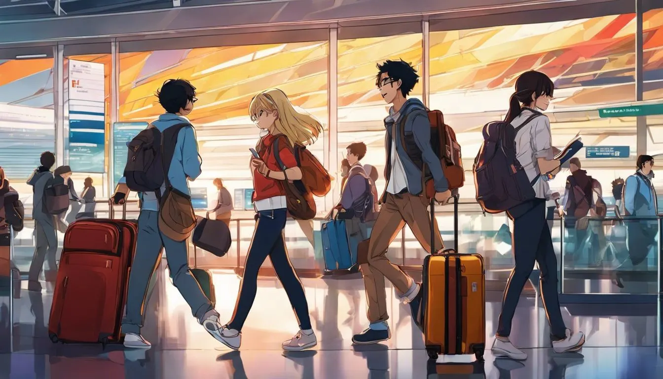 A group of excited students checking in for a discounted trip at the airport.
