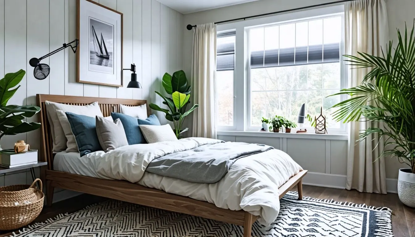 A teen's trendy, eclectic bedroom decor showcases past eras, nautical motifs, and nature-themed accents.