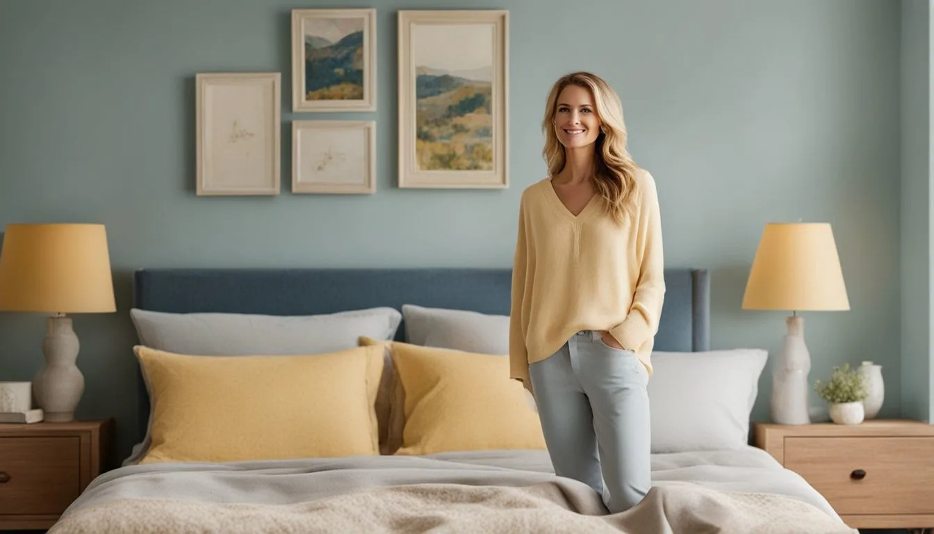 A woman in her mid-30s standing in a cozy bedroom with soft yellow walls and calm blue accents.