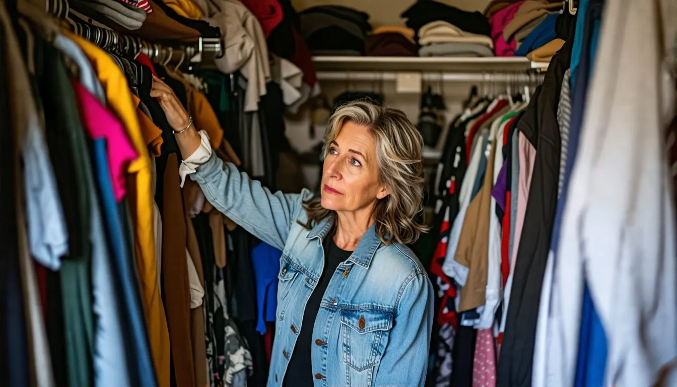 A woman decluttering her messy walk-in closet to make space for new clothes.