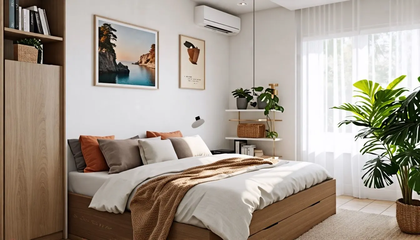 A small bedroom with space-saving furniture and clever storage solutions for maximizing space without clutter.