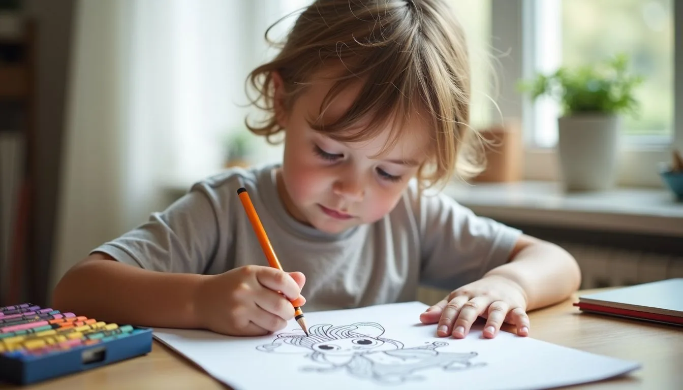A young child is sitting at a table, focused on coloring in a coloring book with crayons.