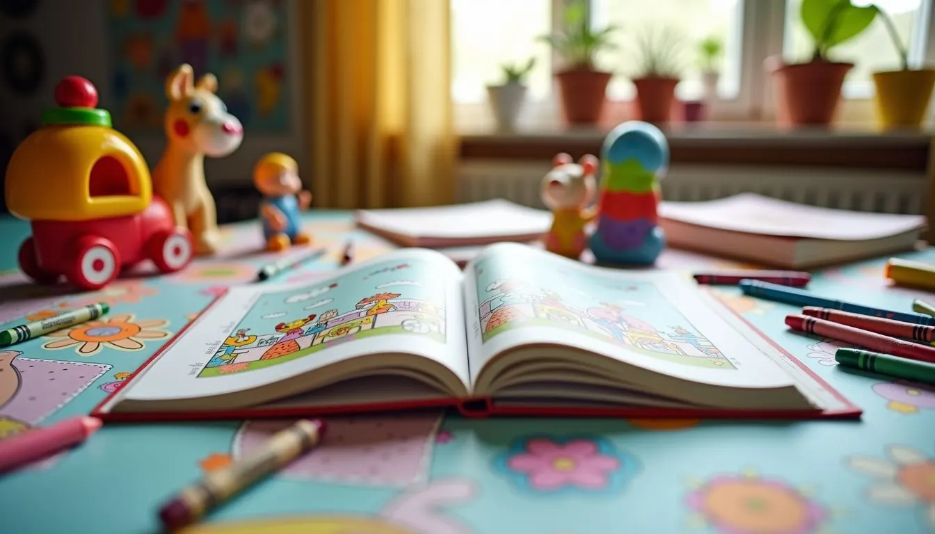 A colorful children's coloring book open on a messy table with scattered crayons and toys.